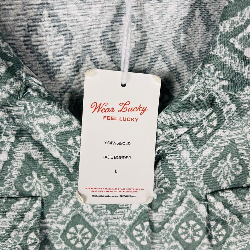 Lucky Brand Women's Midi Dress Large Green Print Button Front Short Sleeve Flowy - Picture 5 of 9